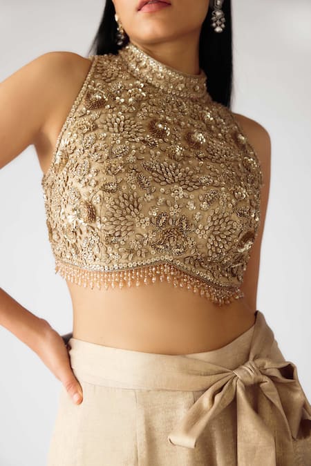 Basanti - Kapde Aur Koffee_Gold Georgette Cut Work Round Neck Embroidered Blouse And Sharara Set_at_Aza_Fashions