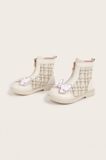 Shop_Ninobello_Beige Bows Checkered Boots _at_Aza_Fashions