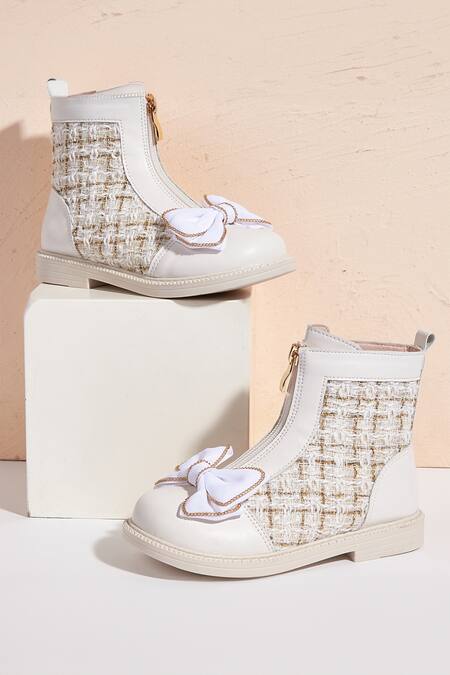 Ninobello_Beige Bows Checkered Boots _Online_at_Aza_Fashions