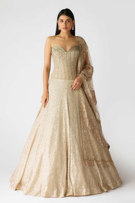 Basanti - Kapde Aur Koffee Gold Net Pearls, Sequins, Stones Swarovski Embellished Corset Lehenga Set Online at Aza Fashions Basanti - Kapde Aur Koffee_Gold Net Pearls, Sequins, Stones Swarovski Embellished Corset Lehenga Set_Online_at_Aza_Fashions