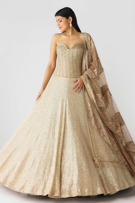 Buy Basanti - Kapde Aur Koffee Gold Net Pearls, Sequins, Stones Swarovski Embellished Corset Lehenga Set Buy_Basanti - Kapde Aur Koffee_Gold Net Pearls, Sequins, Stones Swarovski Embellished Corset Lehenga Set