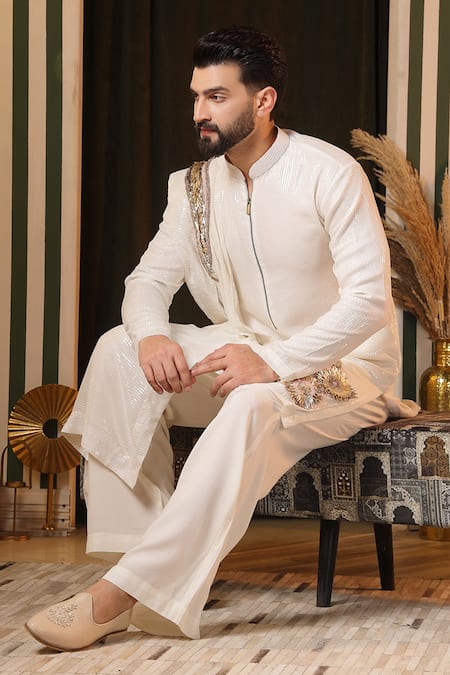 Shop_Soniya G_Off White Georgette Sequins 3d Bloom Embellished Kurta Set _Online_at_Aza_Fashions