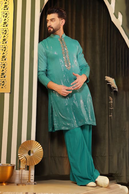 Buy_Soniya G_Blue Georgette Sequins Embellished Kurta And Trouser Set _Online_at_Aza_Fashions