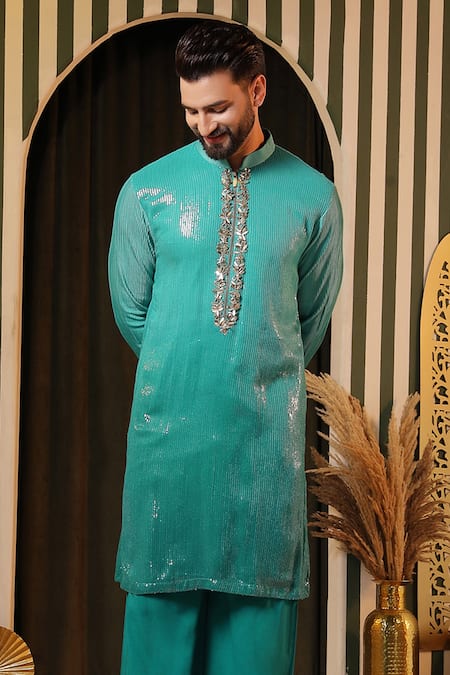 Shop_Soniya G_Blue Georgette Sequins Embellished Kurta And Trouser Set _Online_at_Aza_Fashions