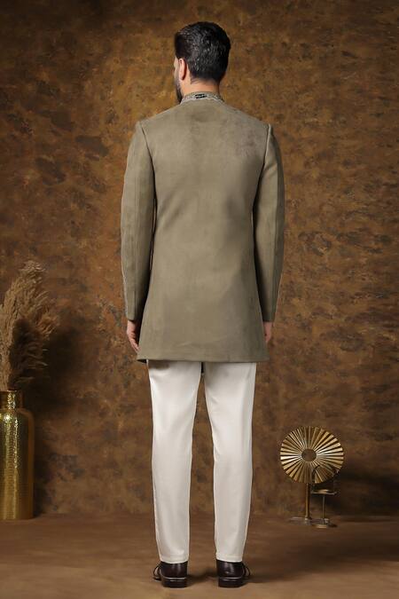 Shop Soniya G Off White Velvet Embroidery Vine Sherwani And Trouser Set at Aza Fashions Shop_Soniya G_Off White Velvet Embroidery Vine Sherwani And Trouser Set_at_Aza_Fashions