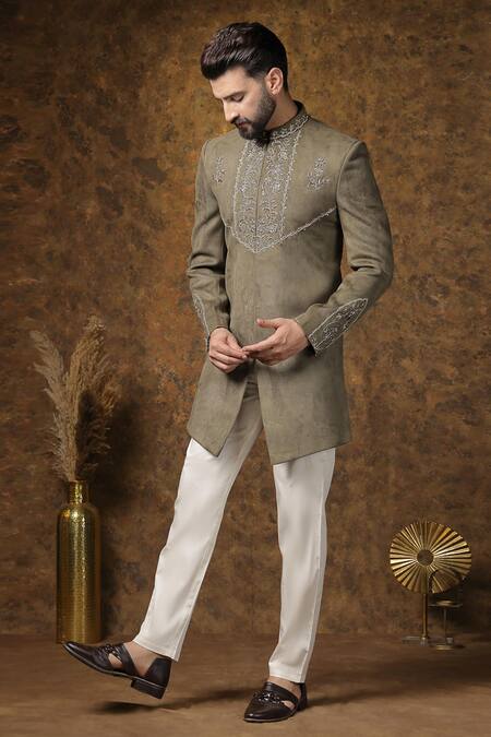 Soniya G Off White Velvet Embroidery Vine Sherwani And Trouser Set Online at Aza Fashions Soniya G_Off White Velvet Embroidery Vine Sherwani And Trouser Set_Online_at_Aza_Fashions