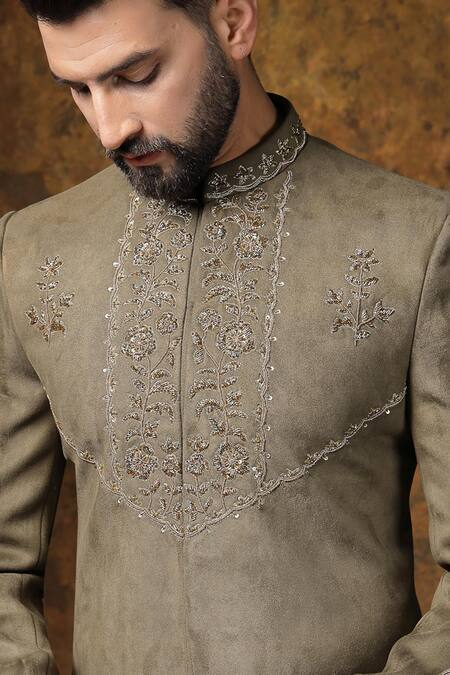 Buy Soniya G Off White Velvet Embroidery Vine Sherwani And Trouser Set Online at Aza Fashions Buy_Soniya G_Off White Velvet Embroidery Vine Sherwani And Trouser Set_Online_at_Aza_Fashions