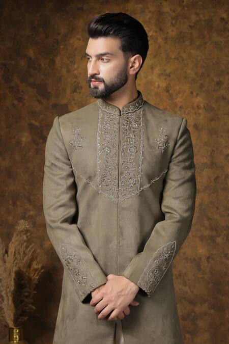 Soniya G Off White Velvet Embroidery Vine Sherwani And Trouser Set at Aza Fashions Soniya G_Off White Velvet Embroidery Vine Sherwani And Trouser Set_at_Aza_Fashions