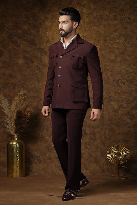 Soniya G_Wine Cotton Full Sleeves Structured Jacket And Trouser _Online_at_Aza_Fashions