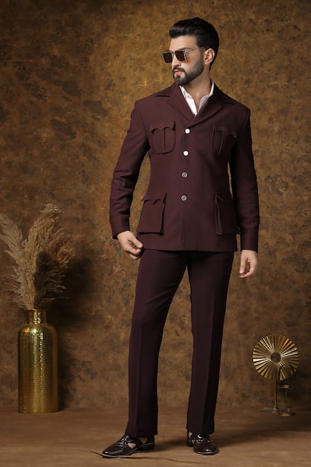 Buy_Soniya G_Wine Cotton Full Sleeves Structured Jacket And Trouser _Online_at_Aza_Fashions