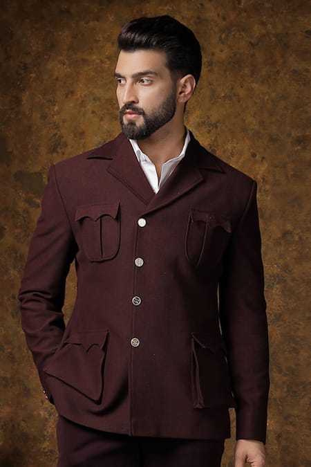 Shop_Soniya G_Wine Cotton Full Sleeves Structured Jacket And Trouser _Online_at_Aza_Fashions