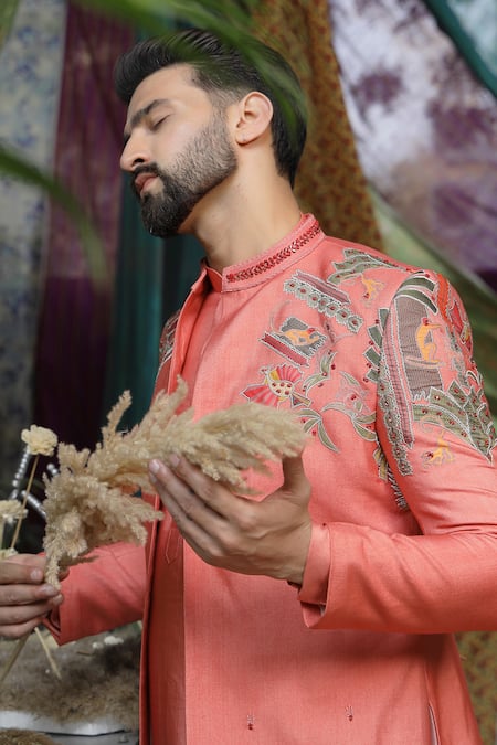 Shop Soniya G Pink Handloom Cotton, Silk Embroidery Mughal Garden Kurta Set Online at Aza Fashions Shop_Soniya G_Pink Handloom Cotton, Silk Embroidery Mughal Garden Kurta Set _Online_at_Aza_Fashions