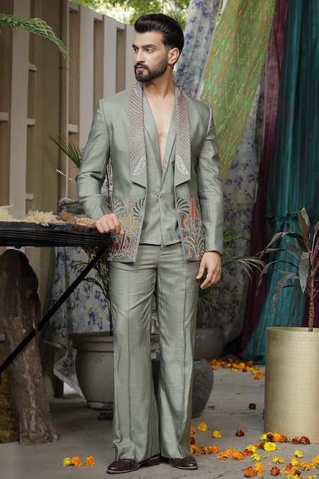 Soniya G Green Silk Embroidery Mughal Garden Jacket Set at Aza Fashions Soniya G_Green Silk Embroidery Mughal Garden Jacket Set _at_Aza_Fashions