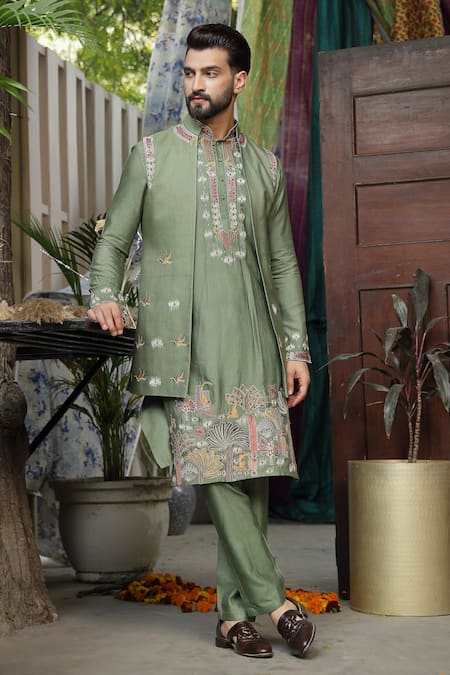 Soniya G_Green Silk, Handloom Cotton Embroidery Mughal Garden Long Bundi Kurta Set _Online_at_Aza_Fashions