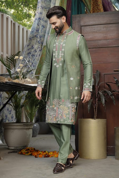 Buy_Soniya G_Green Silk, Handloom Cotton Embroidery Mughal Garden Long Bundi Kurta Set _Online_at_Aza_Fashions