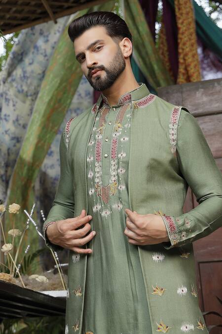 Shop_Soniya G_Green Silk, Handloom Cotton Embroidery Mughal Garden Long Bundi Kurta Set _Online_at_Aza_Fashions