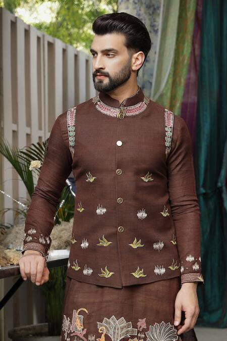 Buy_Soniya G_Brown Handloom Cotton, Silk Embroidery Flora Fauna Bundi Kurta Set _Online_at_Aza_Fashions