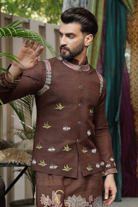 Soniya G_Brown Handloom Cotton, Silk Embroidery Flora Fauna Bundi Kurta Set _at_Aza_Fashions