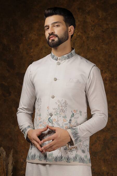 Soniya G Ivory Cotton, Silk Embroidery Wildlife Bundi Kurta Set at Aza Fashions Soniya G_Ivory Cotton, Silk Embroidery Wildlife Bundi Kurta Set_at_Aza_Fashions