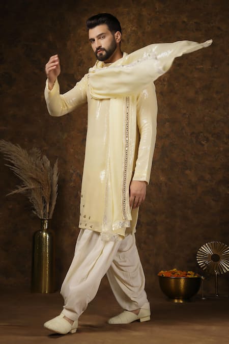 Shop Soniya G Yellow Georgette Sequins, Mirrors Embellished Kurta Set Online at Aza Fashions Shop_Soniya G_Yellow Georgette Sequins, Mirrors Embellished Kurta Set _Online_at_Aza_Fashions