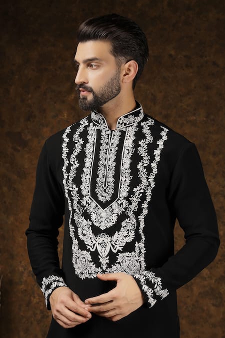 Shop_Soniya G_Black Embroidery Mughal Thread Kurta Set _Online_at_Aza_Fashions