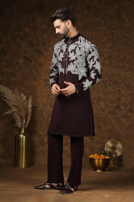 Soniya G_Brown Cotton Embroidery Floral Kurta Set _Online_at_Aza_Fashions