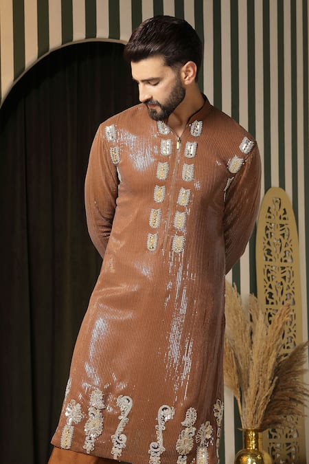 Shop_Soniya G_Gold Georgette Sequins, Embroidery Kurta Set _Online_at_Aza_Fashions