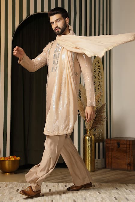 Buy_Soniya G_Beige Georgette Sequins, Embroidery Embellished Kurta Set _Online_at_Aza_Fashions