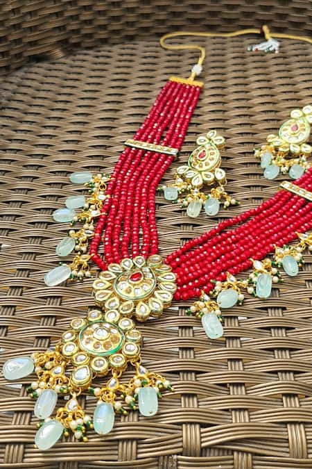 The House Of Aqua Red Onyx Kundan Designer Necklace Set 