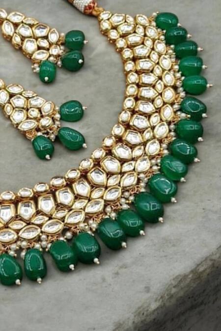 The House Of Aqua_Gold Plated Beads Kundan Embellished Necklace Set _Online_at_Aza_Fashions