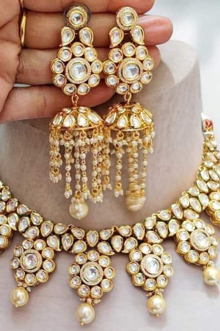 The House Of Aqua_Gold Plated Zari, Beads Kundan Drop Choker And Earrings Set _Online_at_Aza_Fashions