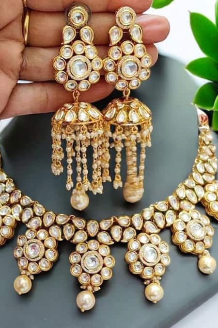 Buy_The House Of Aqua_Gold Plated Zari, Beads Kundan Drop Choker And Earrings Set _Online_at_Aza_Fashions