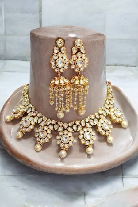 The House Of Aqua Gold Kundan Bead Drop Choker & Earrings Set 
