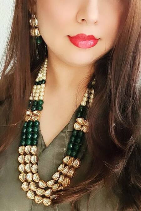 The House Of Aqua_Green Beads, Zari Gold Toned Embellished Necklace Set _Online_at_Aza_Fashions