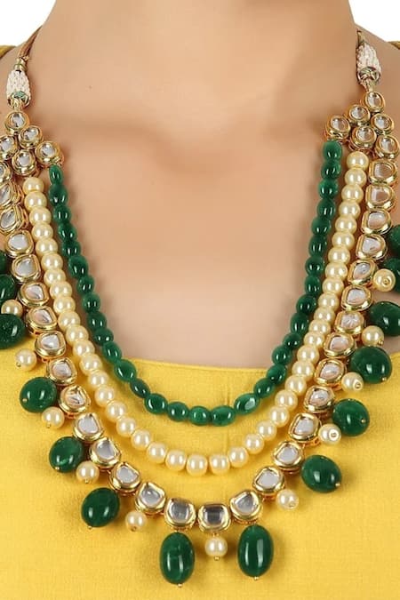 The House Of Aqua Gold Polki Pearl Layered Necklace Set 