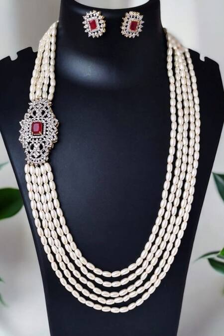 The House Of Aqua_White Pearls, Diamonds Red Necklace Set _Online_at_Aza_Fashions