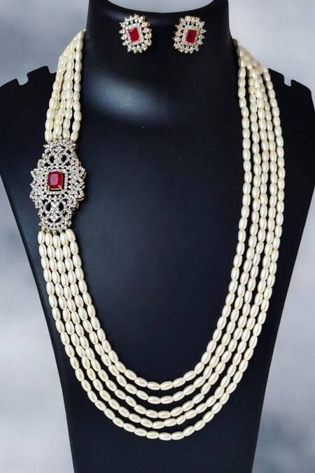 Buy_The House Of Aqua_White Pearls, Diamonds Red Necklace Set _Online_at_Aza_Fashions