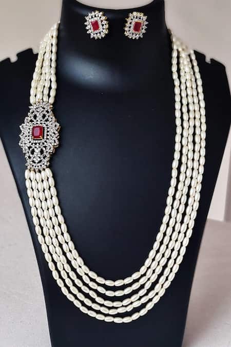 The House Of Aqua Red Pearl Diamond Necklace Set 