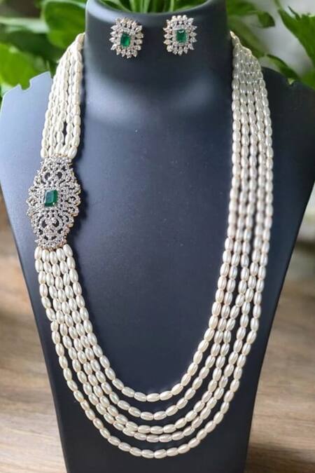 The House Of Aqua_Green Pearls, Stones Layered And Diamond Necklace Set _Online_at_Aza_Fashions