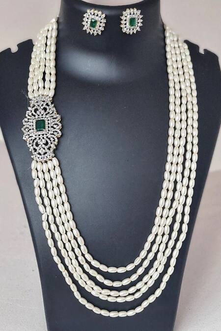 Buy_The House Of Aqua_Green Pearls, Stones Layered And Diamond Necklace Set _Online_at_Aza_Fashions
