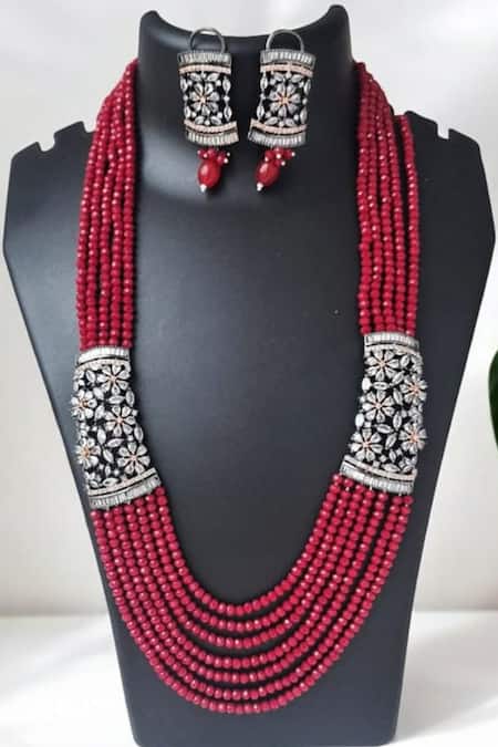 The House Of Aqua Red Crystal Floral Necklace Set 