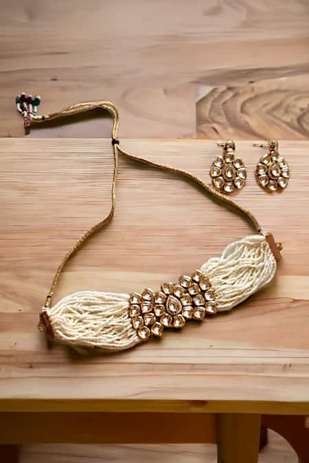 The House Of Aqua Floral Kundan Bead Choker & Earring Set 