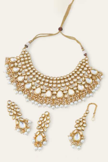 The House Of Aqua_Gold Plated Pearls, Zari Kundan Necklace Set _Online_at_Aza_Fashions