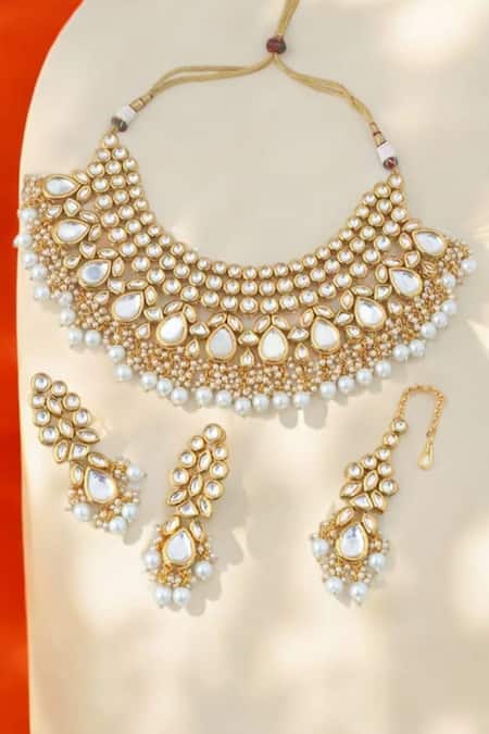Buy_The House Of Aqua_Gold Plated Pearls, Zari Kundan Necklace Set _Online_at_Aza_Fashions