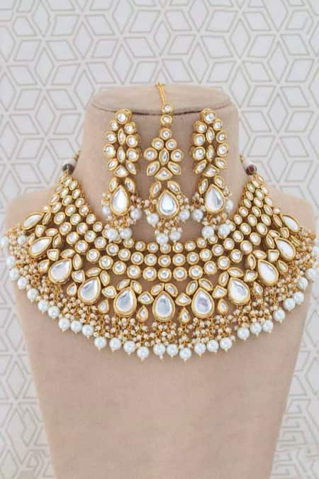 Shop_The House Of Aqua_Gold Plated Pearls, Zari Kundan Necklace Set _Online_at_Aza_Fashions
