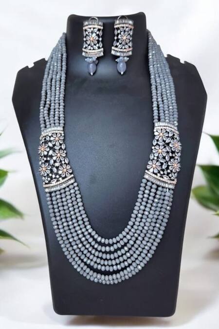 The House Of Aqua_Gray Crystals, Diamonds Grey Necklace And Earring Set _Online_at_Aza_Fashions