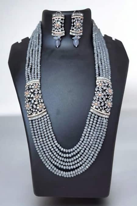 The House Of Aqua Grey Crystal Diamond Necklace & Earring Set 