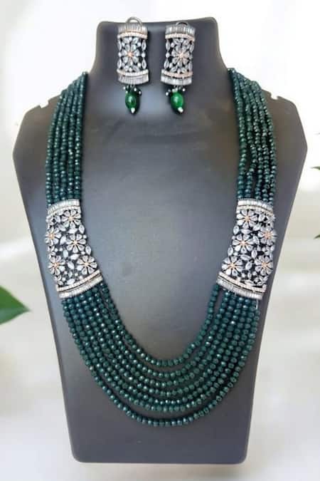 The House Of Aqua Green Crystal Diamond Necklace & Earring Set 