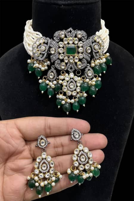 The House Of Aqua_Green Diamonds, Embroidery Emerald And Embellished Necklace Set _Online_at_Aza_Fashions