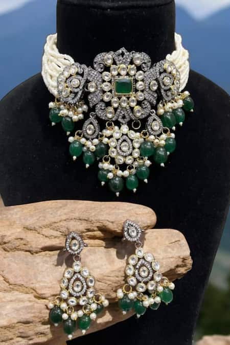 Buy_The House Of Aqua_Green Diamonds, Embroidery Emerald And Embellished Necklace Set _Online_at_Aza_Fashions